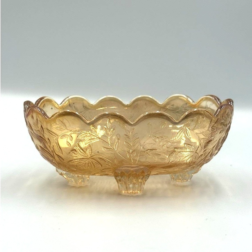 Amber‎ Glass Dish Vintage Jeannette Floragold Louisa Footed Floral Trinket Candy